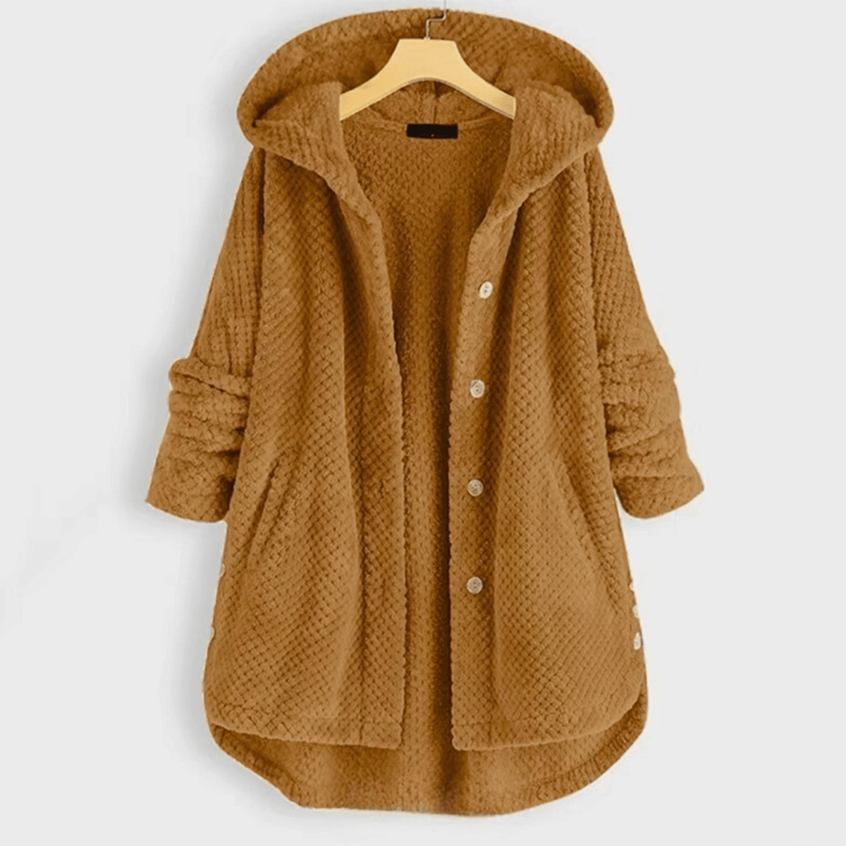 Women's hooded textured fleece coat with button front and patch pockets