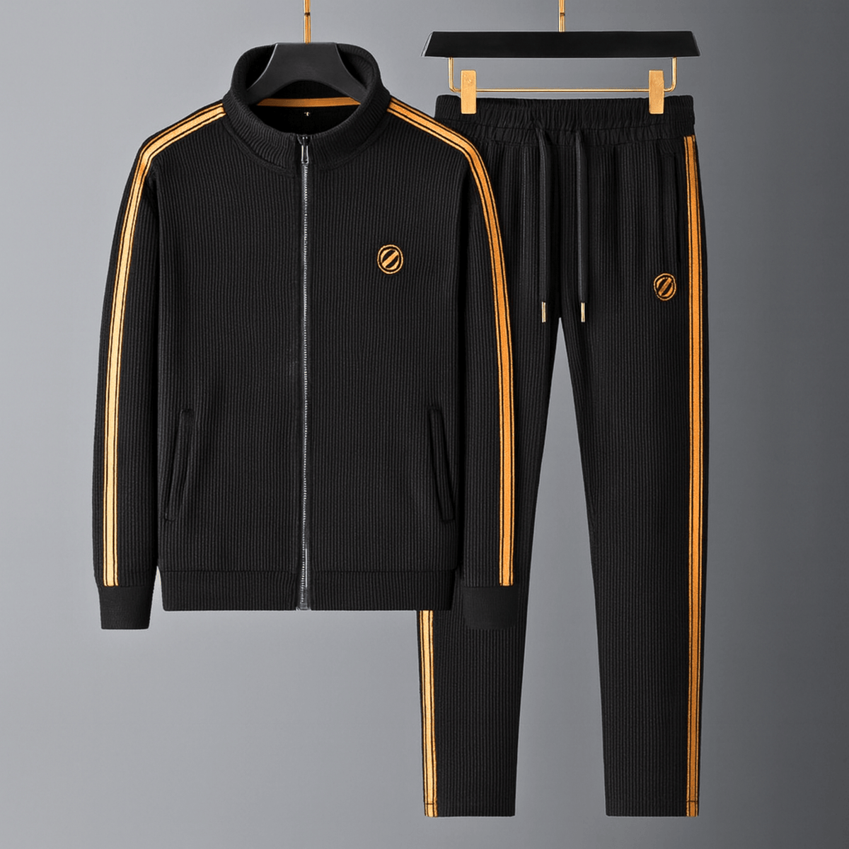 Ribbed track jacket and tapered trousers set with contrasting side stripes