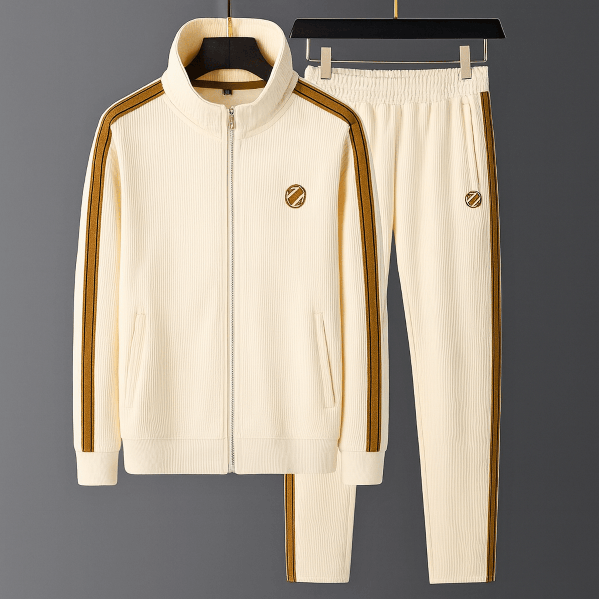 Ribbed track jacket and tapered trousers set with contrasting side stripes
