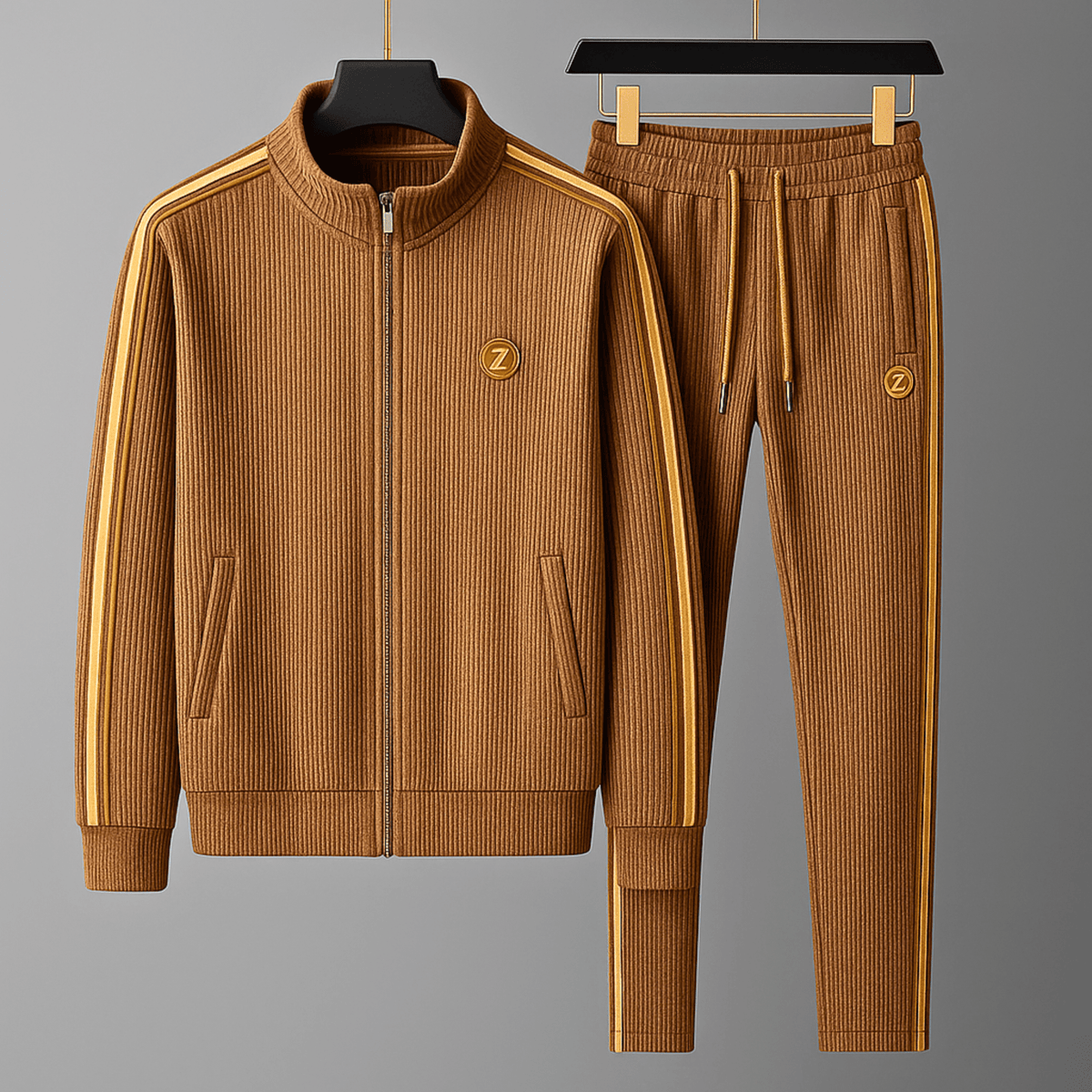 Ribbed track jacket and tapered trousers set with contrasting side stripes