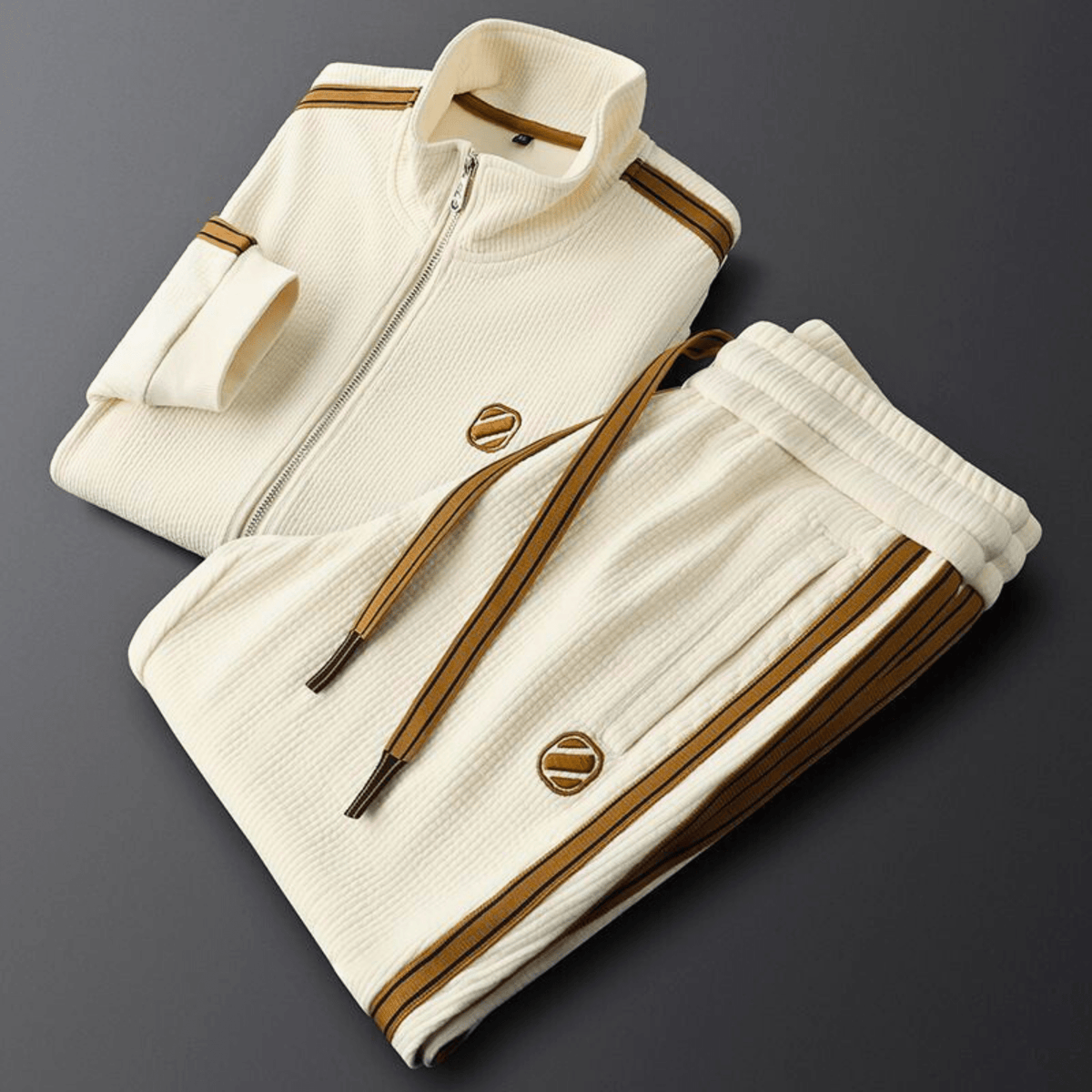 Ribbed track jacket and tapered trousers set with contrasting side stripes