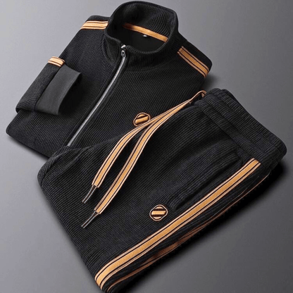 Ribbed track jacket and tapered trousers set with contrasting side stripes