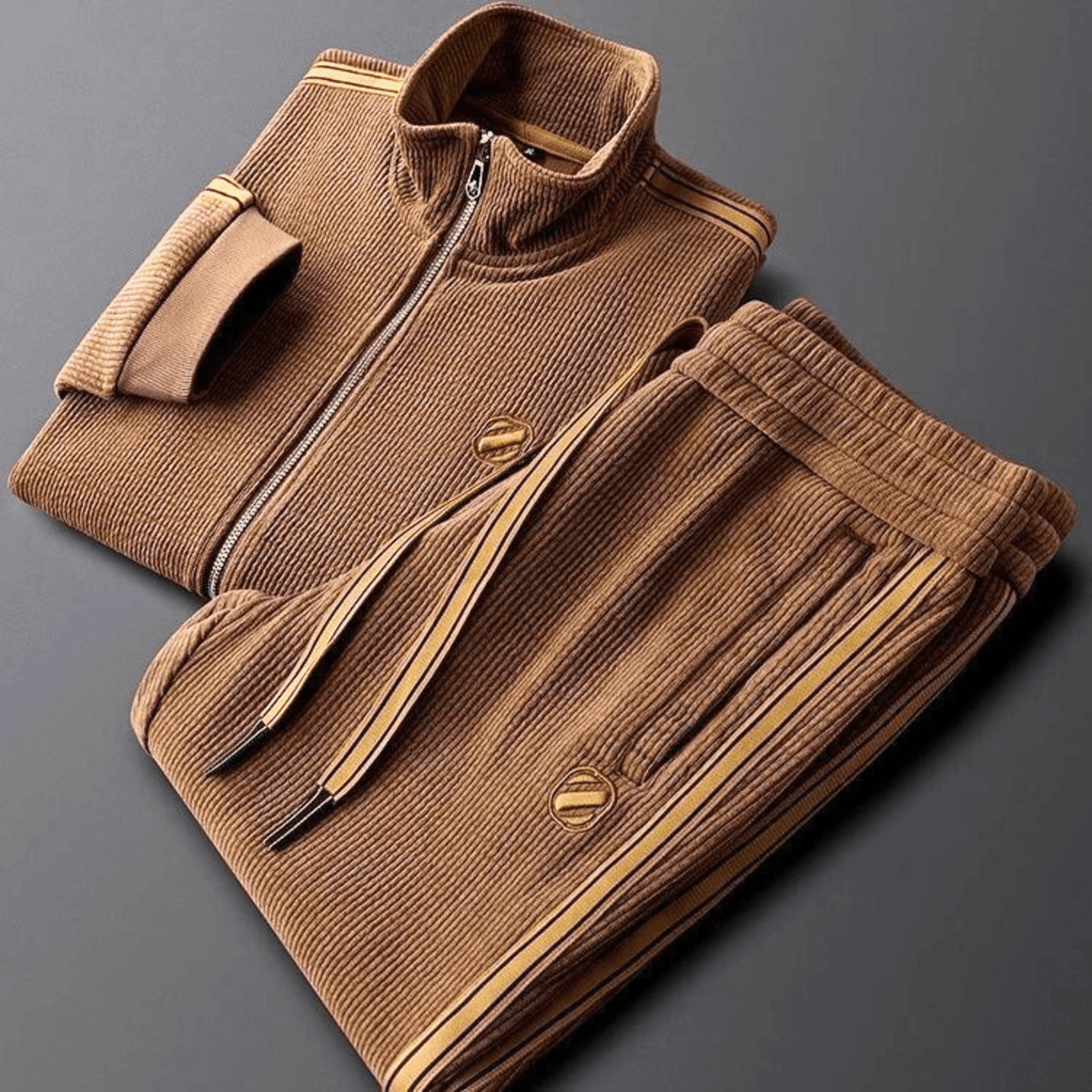 Ribbed track jacket and tapered trousers set with contrasting side stripes