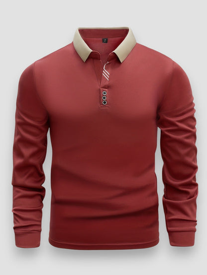 Men's long sleeve polo shirt with contrast collar and button placket