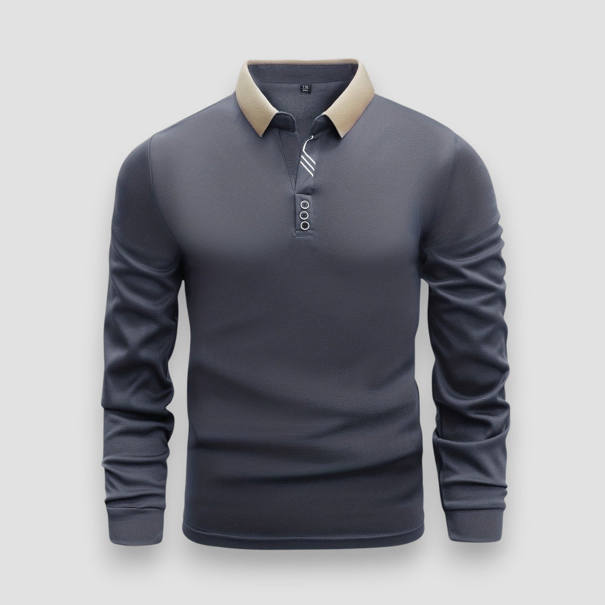 Men's long sleeve polo shirt with contrast collar and button placket