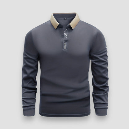 Men's long sleeve polo shirt with contrast collar and button placket