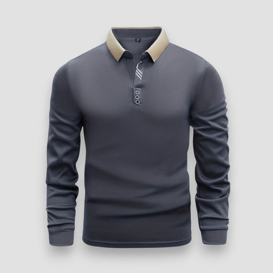 Men's long sleeve polo shirt with contrast collar and button placket