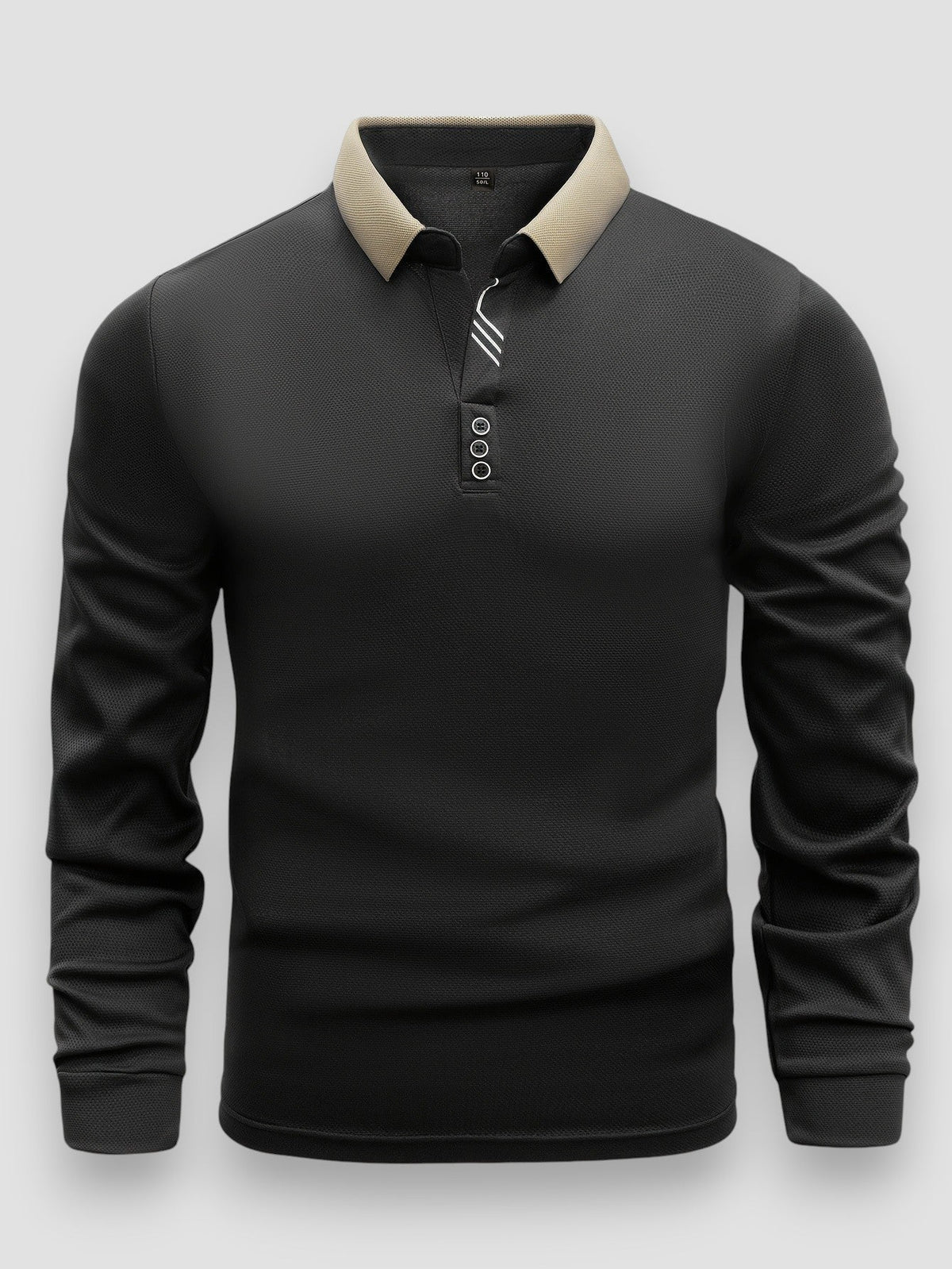 Men's long sleeve polo shirt with contrast collar and button placket