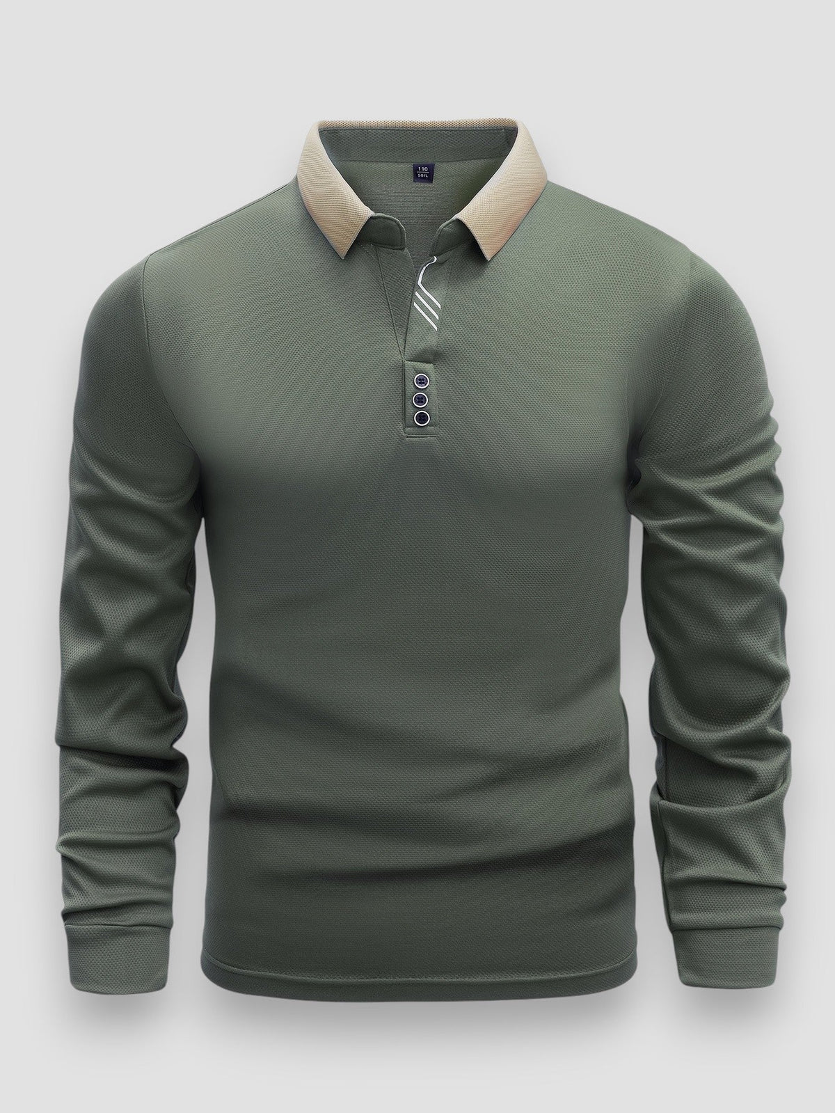 Men's long sleeve polo shirt with contrast collar and button placket