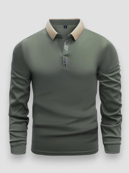 Men's long sleeve polo shirt with contrast collar and button placket