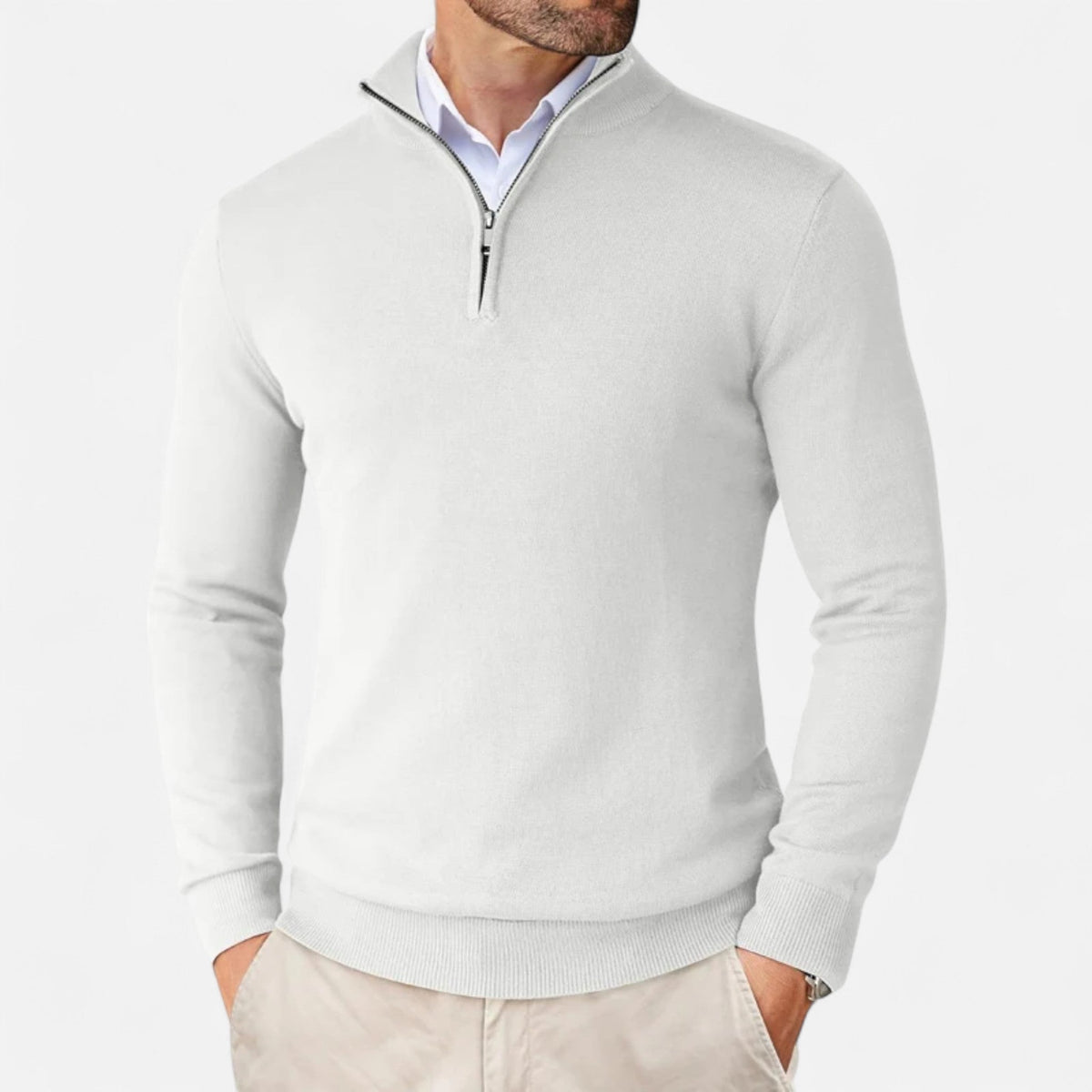 Men's slim-fit quarter-zip sweater with mock neck and long sleeves