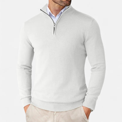 Men's slim-fit quarter-zip sweater with mock neck and long sleeves