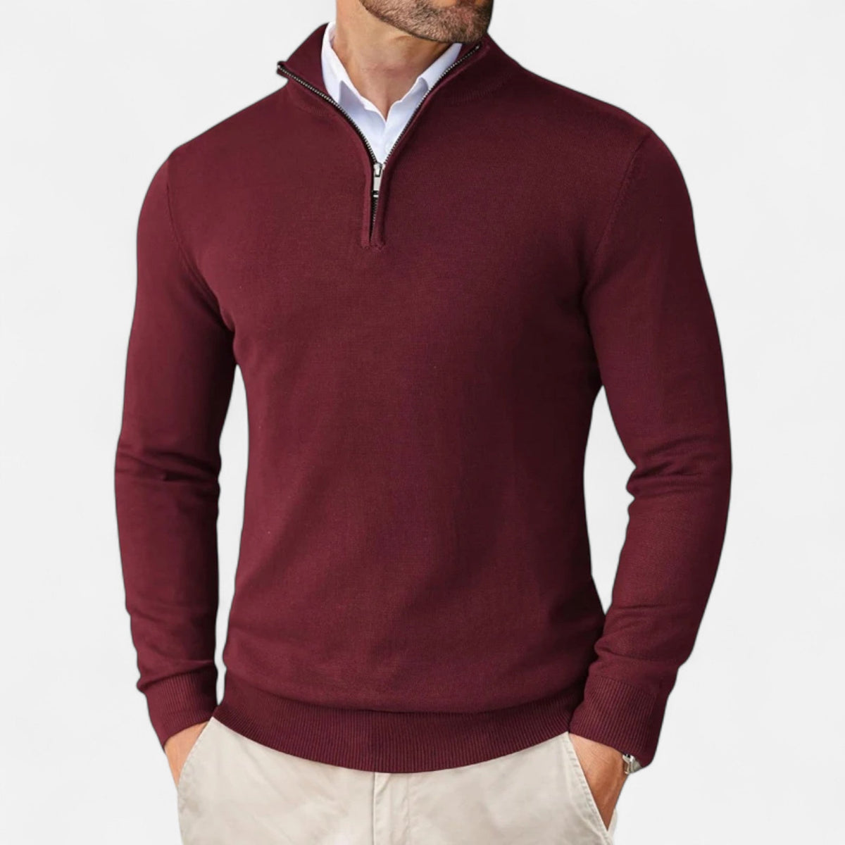 Men's slim-fit quarter-zip sweater with mock neck and long sleeves