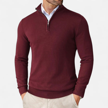 Men's slim-fit quarter-zip sweater with mock neck and long sleeves