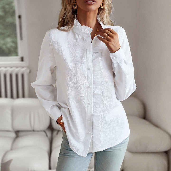 Women's long-sleeve textured blouse with a ruffled Mandarin collar and button front