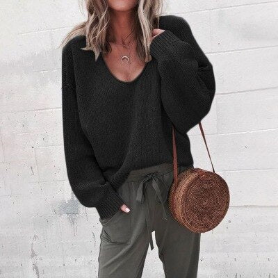 Women's textured V-neck knit sweater with long sleeves and ribbed trims