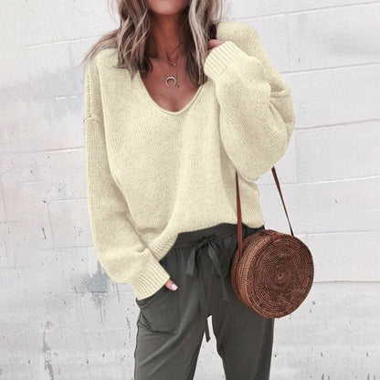 Women's textured V-neck knit sweater with long sleeves and ribbed trims