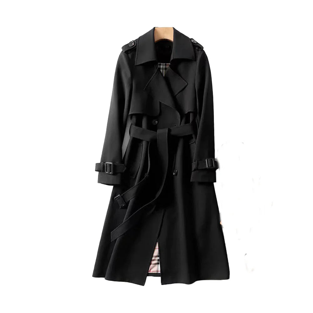 Women's belted trench coat with notched lapel and double-breasted front