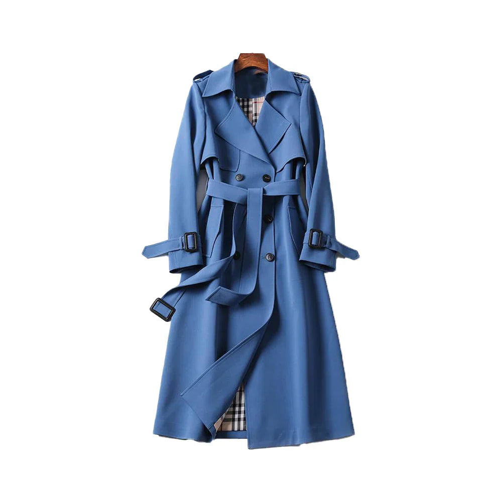 Women's belted trench coat with notched lapel and double-breasted front