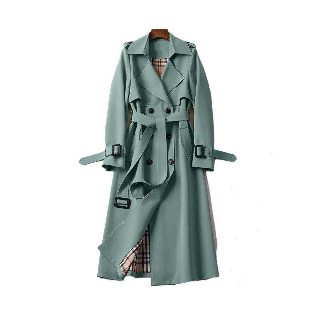 Women's belted trench coat with notched lapel and double-breasted front