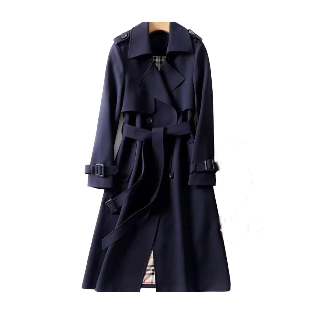 Women's belted trench coat with notched lapel and double-breasted front