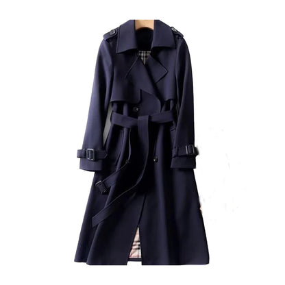Women's belted trench coat with notched lapel and double-breasted front