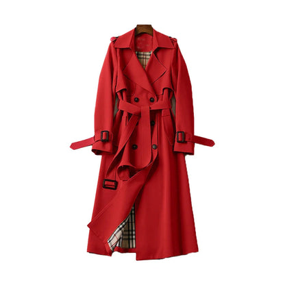 Women's belted trench coat with notched lapel and double-breasted front