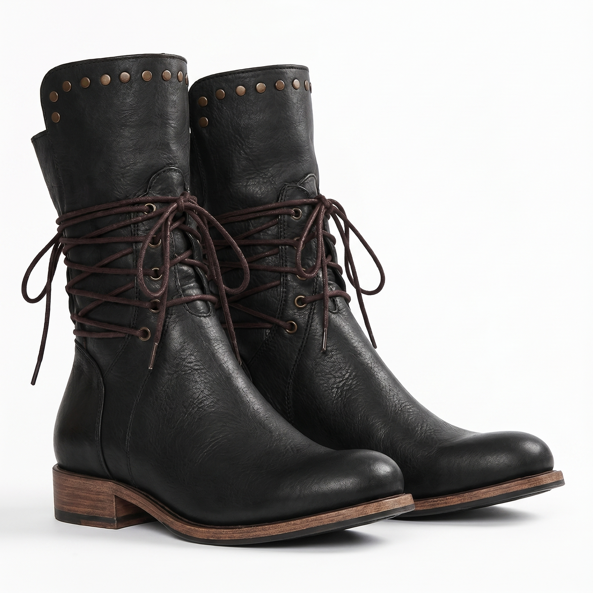 Women's lace-up mid-calf boots with studded cuffs and low block heels