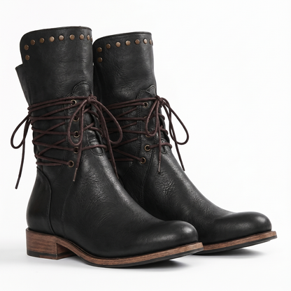 Women's lace-up mid-calf boots with studded cuffs and low block heels