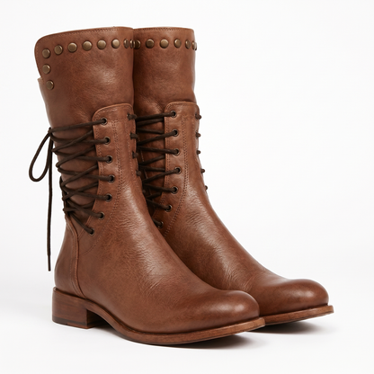 Women's lace-up mid-calf boots with studded cuffs and low block heels