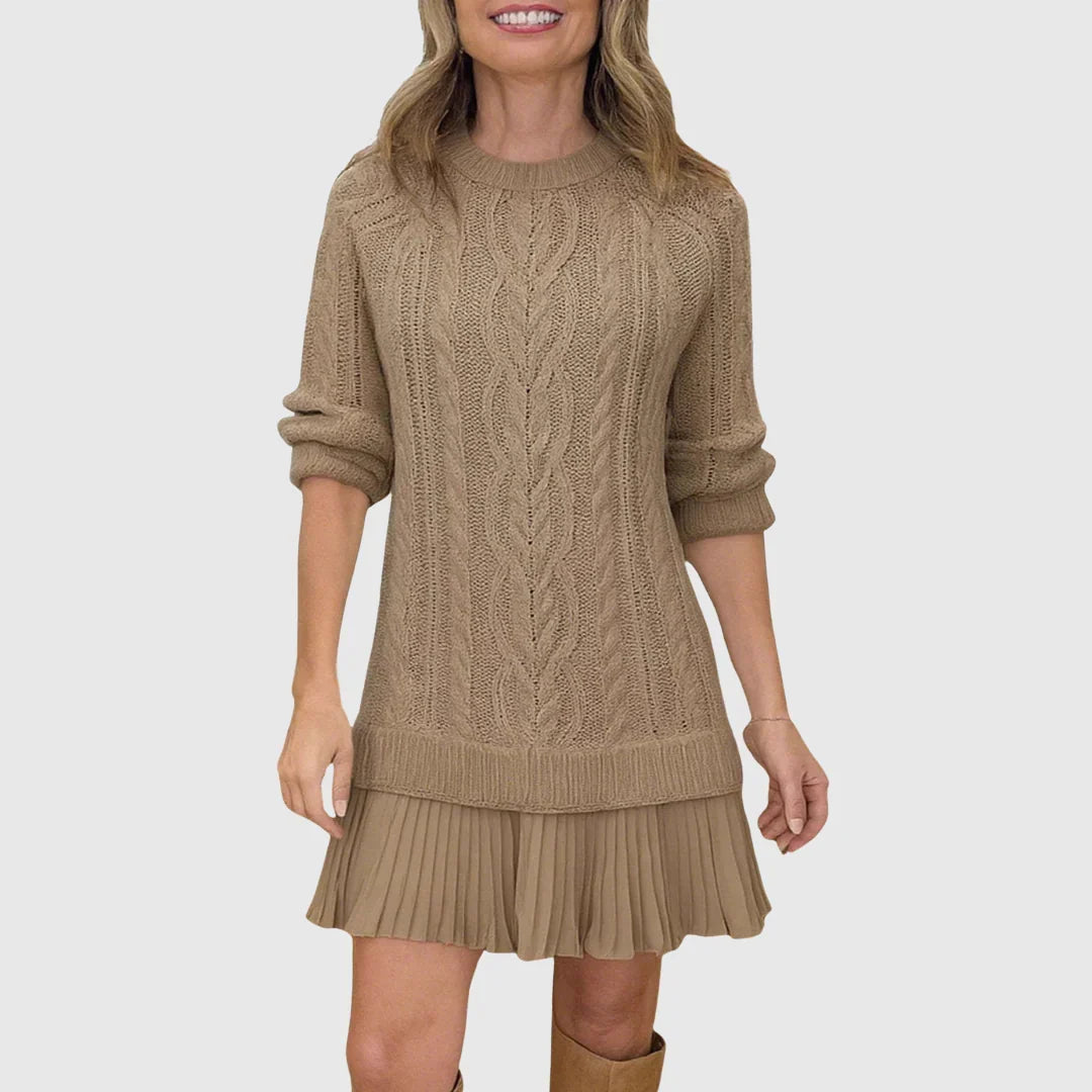 Women's cable knit sweater dress with crew neck and pleated mini hem