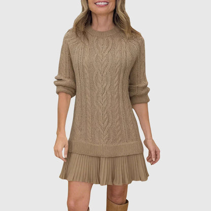 Women's cable knit sweater dress with crew neck and pleated mini hem