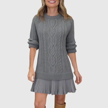 Women's cable knit sweater dress with crew neck and pleated mini hem