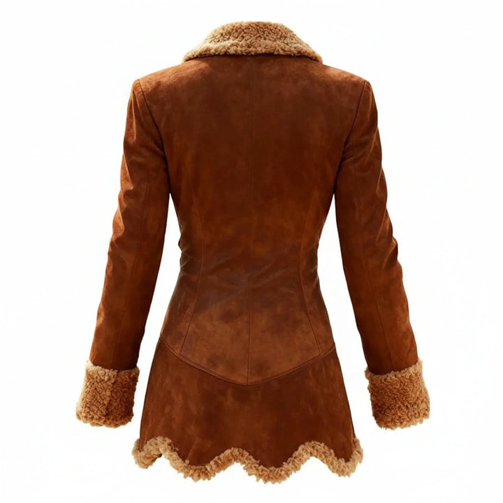 Women's fitted winter coat with shearling trim collar and cuffs