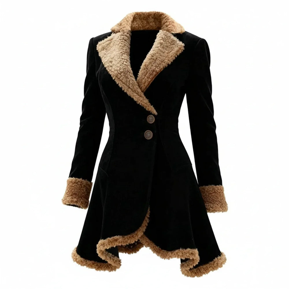 Women's fitted winter coat with shearling trim collar and cuffs