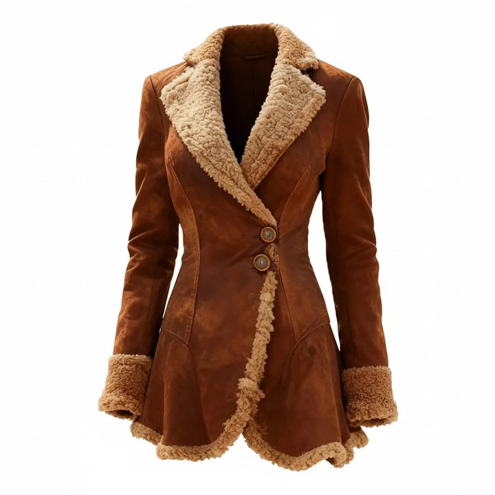 Women's fitted winter coat with shearling trim collar and cuffs