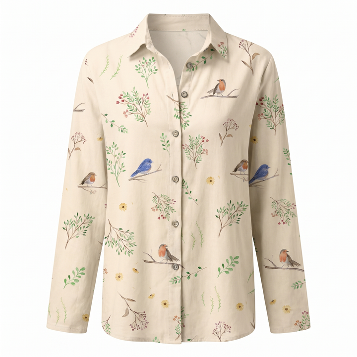 Women's Abstract Print Split-Neck Blouse — Button-Front Roll-Up Sleeve Casual Top
