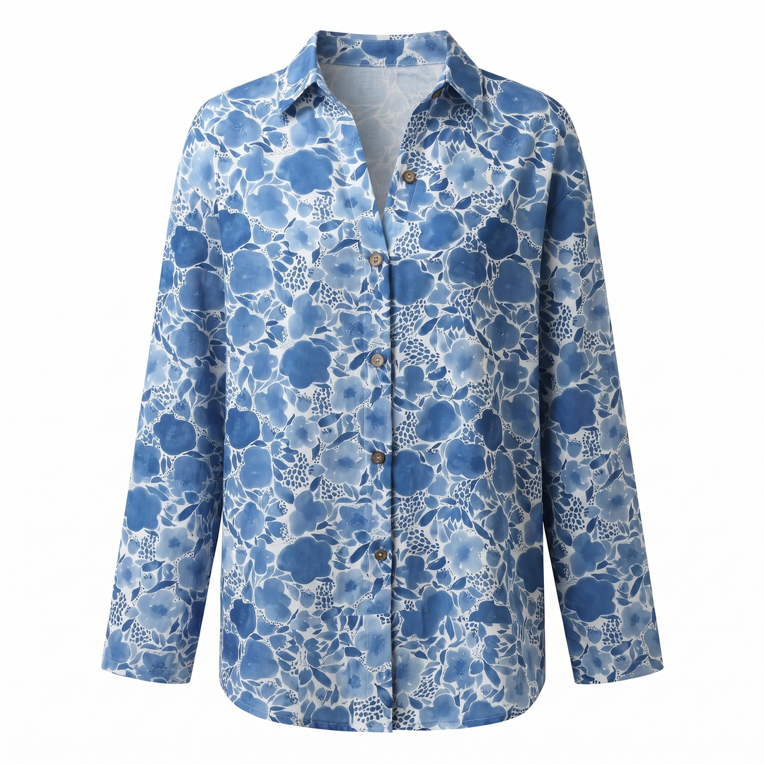 Women's Abstract Print Split-Neck Blouse — Button-Front Roll-Up Sleeve Casual Top