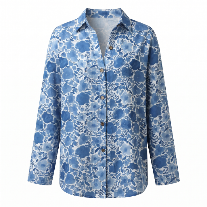 Women's Abstract Print Split-Neck Blouse — Button-Front Roll-Up Sleeve Casual Top