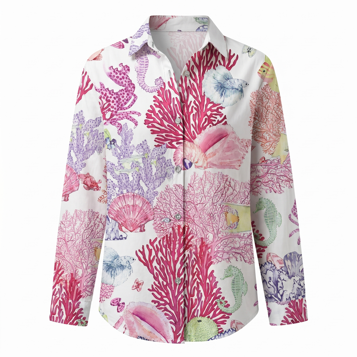 Women's Abstract Print Split-Neck Blouse — Button-Front Roll-Up Sleeve Casual Top