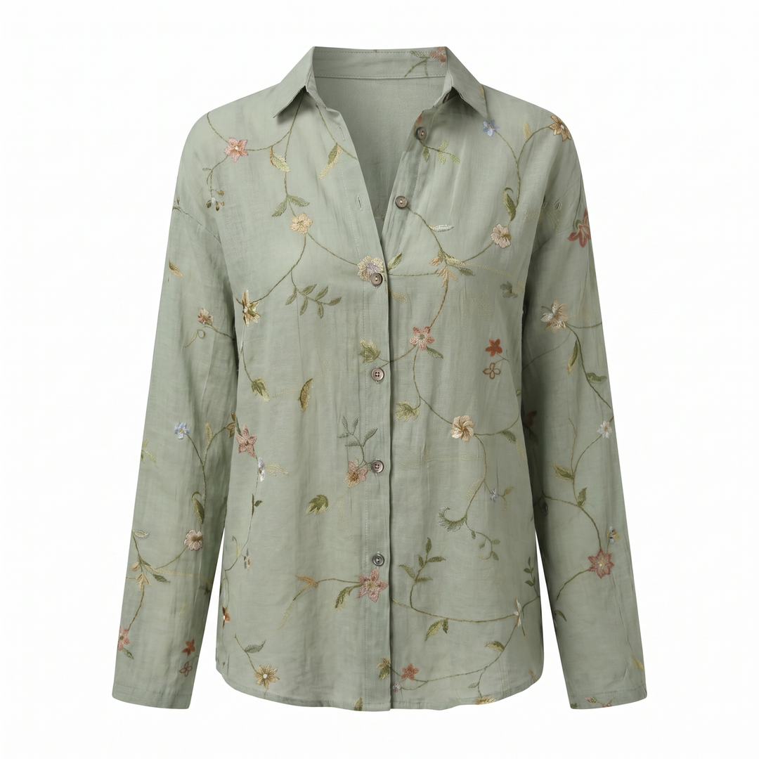 Women's Abstract Print Split-Neck Blouse — Button-Front Roll-Up Sleeve Casual Top