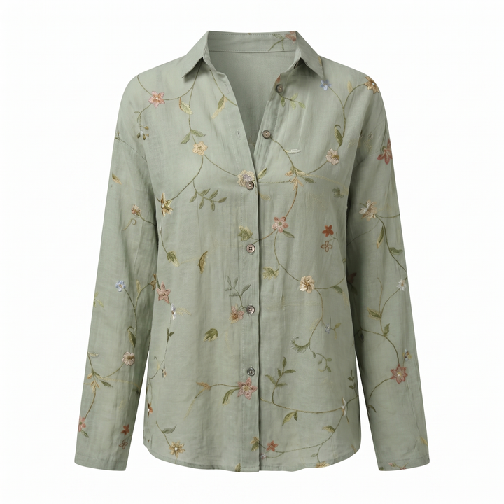 Women's Abstract Print Split-Neck Blouse — Button-Front Roll-Up Sleeve Casual Top