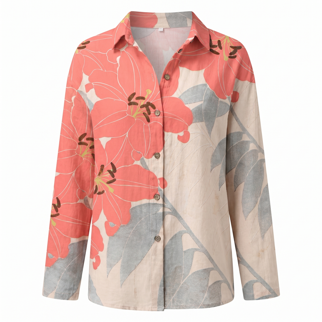 Women's Abstract Print Split-Neck Blouse — Button-Front Roll-Up Sleeve Casual Top