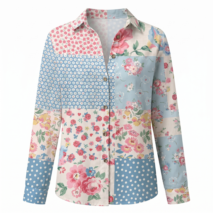 Women's Abstract Print Split-Neck Blouse — Button-Front Roll-Up Sleeve Casual Top