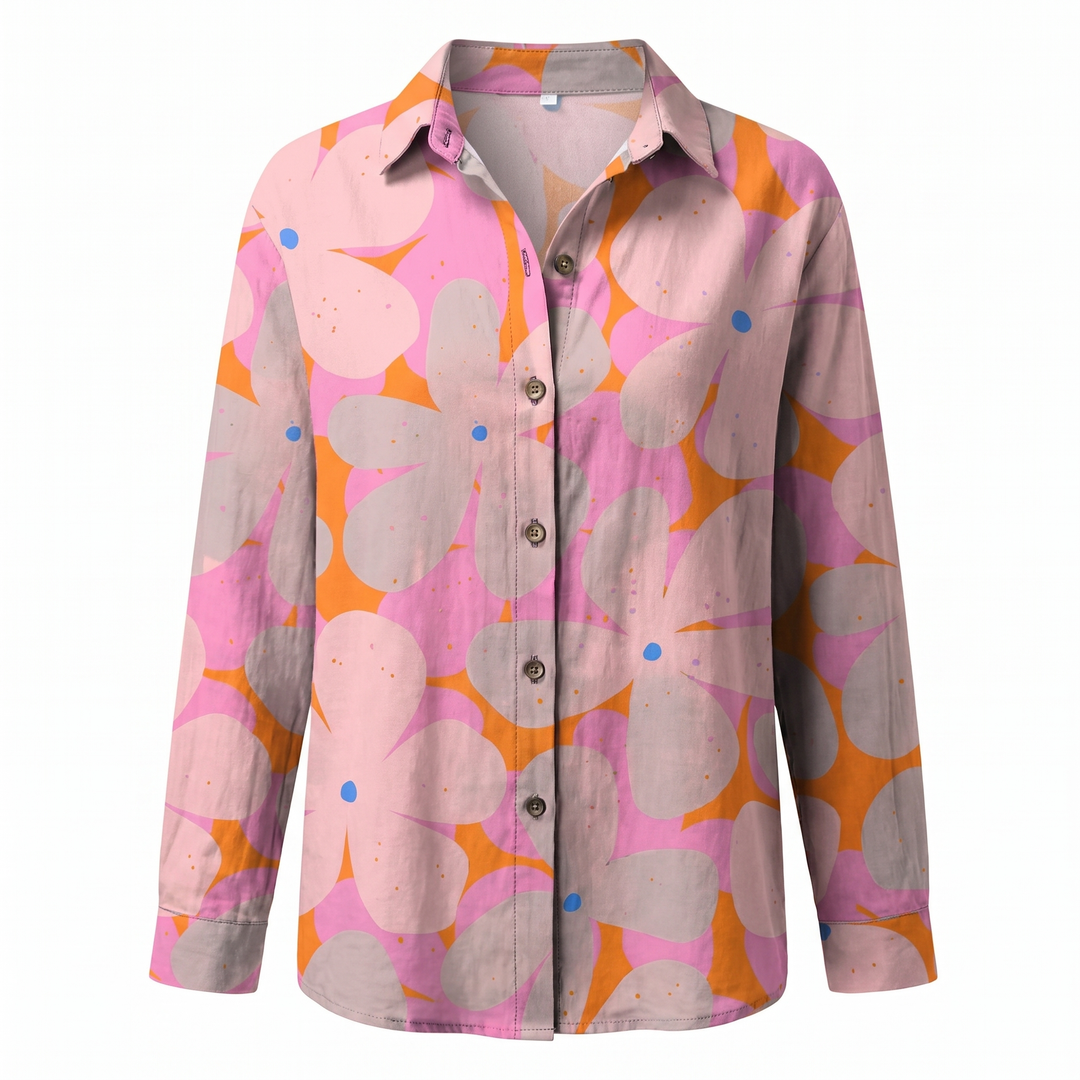 Women's Abstract Print Split-Neck Blouse — Button-Front Roll-Up Sleeve Casual Top