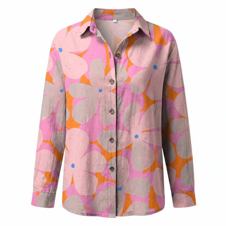 Women's Abstract Print Split-Neck Blouse — Button-Front Roll-Up Sleeve Casual Top