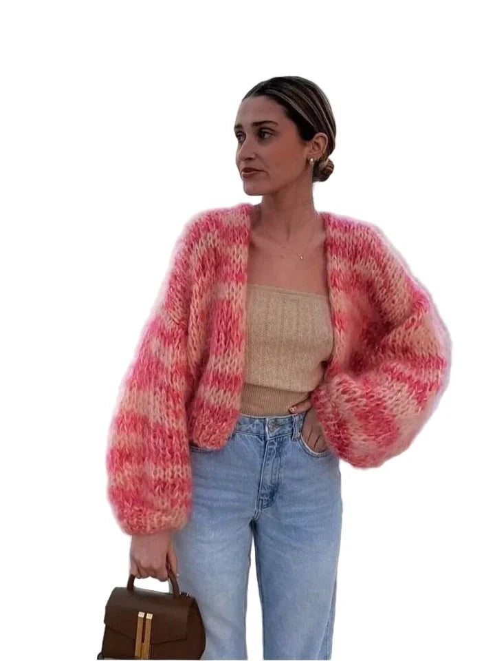 Women's pink and pale striped textured open-front cardigan
