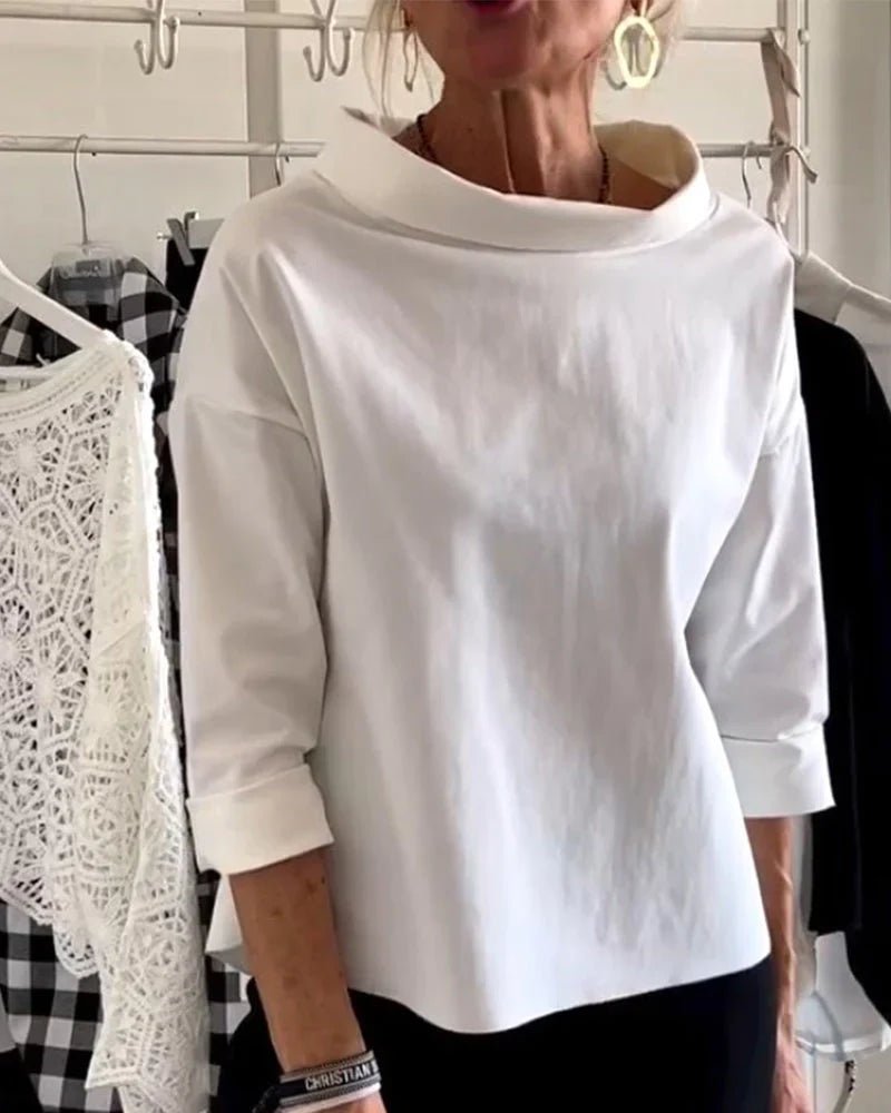 Women's Cowl-Neck Top — 3/4 Sleeve Relaxed Drop-Shoulder Solid Top