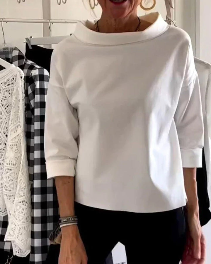 Women's Cowl-Neck Top — 3/4 Sleeve Relaxed Drop-Shoulder Solid Top