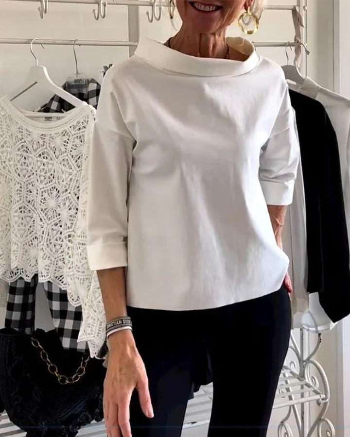 Women's Cowl-Neck Top — 3/4 Sleeve Relaxed Drop-Shoulder Solid Top